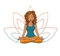 Vector doodle illustration of young cute latin american girl meditating in lotus pose with flower petals behind.