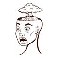 Vector doodle image with Humans head with open brain case with a cloud of a huge nuclear explosion. Mind Blowing concept