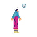 Vector doodle isolated illustration of woman is upset, waiting for a long time, wall clock, busy time cartoon character