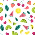 Vector doodle lemon, kiwi, watermelon, cherry and strawberry summer fruits pattern. Seamless background for vacation Royalty Free Stock Photo