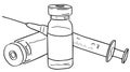 Vector doodle linear image illustration of vials with a vaccine and a syringe for injecting medication.