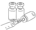 Vector doodle linear image illustration of vials with a vaccine and a syringe for injecting medication.