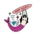 Vector doodle mermaid, sea life doodles, surf vector clip art elements composition set. Cute ocean serena surfer girl