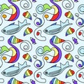 Vector doodle seamless pattern rainbow underwater life with fish, seashell. Royalty Free Stock Photo