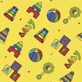 Vector doodle seamless pattern with toys. Hand draw collection of toys icons for baby shower or scrapbook. Cute Royalty Free Stock Photo