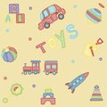 Vector doodle seamless pattern with toys. Hand draw collection of toys icons for baby shower or scrapbook. Cute Royalty Free Stock Photo