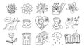 Vector doodle set of cozy summer objects and nature. Isolated linear cats and dird, flowers and houses, cups and book element Royalty Free Stock Photo