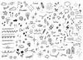 Vector doodle set of different elements. Stars, sparkles, arrows, speech balloons, hearts, words, diamonds, flowers