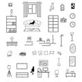 Vector doodle set of furniture, decor and lighting for the living room or dining room on a white background. Design Royalty Free Stock Photo