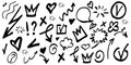 Vector doodle set of Hand drawn design elements. Arrow, check mark, signs, heart, love, speech bubble, crown, swirl, heart, on