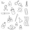 Vector doodle set of icons on medical topics health treatment and assistance. Royalty Free Stock Photo