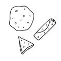 Vector doodle set illustration of thin pancakes. A whole pancake, a pancake rolled into a roll with stuffing and a folded triangle