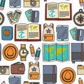 Vector doodle set with travel icons Adventure Explore Camera Passport Ticket Map Backpack Doodle pattern Royalty Free Stock Photo