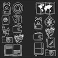 Vector doodle set with travel icons Adventure Explore Camera Passport Ticket Map Backpack Doodle pattern Royalty Free Stock Photo