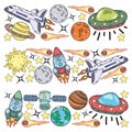 Vector doodle space pattern. Earth, Moon, Jupiter, Sun, Saturn.