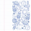 Vector doodle space pattern. Earth, Moon, Jupiter, Sun, Saturn. Royalty Free Stock Photo