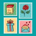 Vector doodle stamps for Valentine\'s Day. Isolated hand drawn post stamps with hearts, gift box, calendar and rose flower Royalty Free Stock Photo