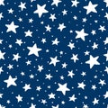 Vector Doodle Star Blue Seamless Pattern. Cute kid hand drawn stars print on dark blue background. Night Sky and space Royalty Free Stock Photo
