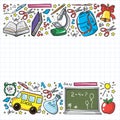 School pattern. Online education. Vector doodle style icons. Mathematis, astronomy, geography, biology, physics. Royalty Free Stock Photo