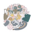 Vector doodle style illustration and quote: forever in love. Objects pattern