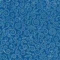 Vector doodle style swirls and heart seamless repeat pattern in classic blue and aqua.