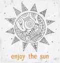 Vector doodle sun on postcard. Vector. The image of the sun with the inscription.
