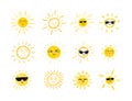 Vector Doodle Suns with Sun Glasses and Smiles, Set of Hand Drawn Funny Icons Isolated, Bright Yellow Color. Royalty Free Stock Photo