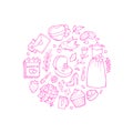 Vector doodle wedding elements in circle shape illustration