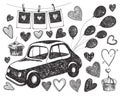 Vector doodle wedding, romantic, love illustration. Set of black and white elements, retro card, air balloons, hearts Royalty Free Stock Photo