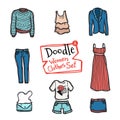 Vector doodle women clothes icons set. Hand drawn collection of fashion objects Royalty Free Stock Photo