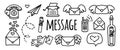 Vector doodles set message,letter,typewriter, paper airplane, phone, mobile phone, letter with wings,a bottle with a letter. Naor