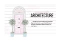 Vector door front house illustration. Home with plants interior card. Apartment entrance in pastel pink colors. Modern exterior co Royalty Free Stock Photo