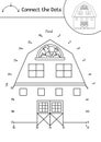 Vector dot-to-dot and color activity with cute barn house. On the farm connect the dots game for children with funny shed. Rural