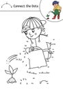Vector dot-to-dot and color activity with cute boy watering baby plant. Spring or summer connect the dots game for children.