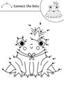 Vector dot-to-dot and color activity with cute frog prince. Magic kingdom connect the dots game for children with fantasy creature