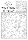 Vector dot-to-dot and color activity with cute hermit crab hidden in landscape. Under the sea connect the dots game for children
