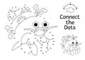 Vector dot-to-dot and color activity with cute hermit crab. Under the sea connect the dots game for children with funny water Royalty Free Stock Photo