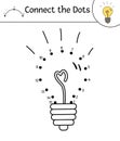 Vector dot-to-dot and color activity with cute light bulb. Back to school connect the dots game. Line drawing of clever brain or