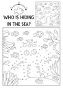 Vector dot-to-dot and color activity with cute octopus hidden in landscape. Under the sea connect the dots game for children with Royalty Free Stock Photo