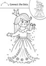 Vector dot-to-dot and color activity with cute princess and flower. Magic kingdom connect the dots game for children with girl.