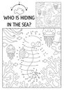 Vector dot-to-dot and color activity with cute seahorse hidden in landscape. Under the sea connect the dots game for children with Royalty Free Stock Photo