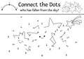 Vector dot-to-dot and color activity with smiling falling stars. Fairytale connect the dots game for children with cute fantasy