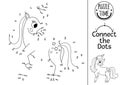 Vector dot-to-dot and color activity with unicorn. Fairytale connect the dots game for children with cute fantasy animal. Magic