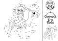 Vector dot-to-dot and color activity with fairy riding a unicorn. Fairytale connect the dots game for children with cute fantasy