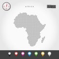 Vector Dots Map of Africa. Simple Silhouette of Africa. Realistic Vector Compass. Multicolored Map Pins