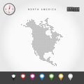 Vector Dots Map of North America. Simple Silhouette of North America. Realistic Vector Compass. Multicolored Map Pins Royalty Free Stock Photo