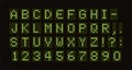 Vector dotted font for digital LED table. Green monospace letters from green light circles set. Digital score board