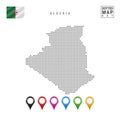 Vector Dotted Map of Algeria. Simple Silhouette of Algeria. National Flag of Algeria. Set of Multicolored Map Markers Royalty Free Stock Photo