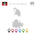 Vector Dotted Map of Antigua and Barbuda. Simple Silhouette of Antigua and Barbuda. National Flag. Map Markers Set