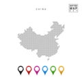 Vector Dotted Map of China. Simple Silhouette of China. Set of Multicolored Map Markers